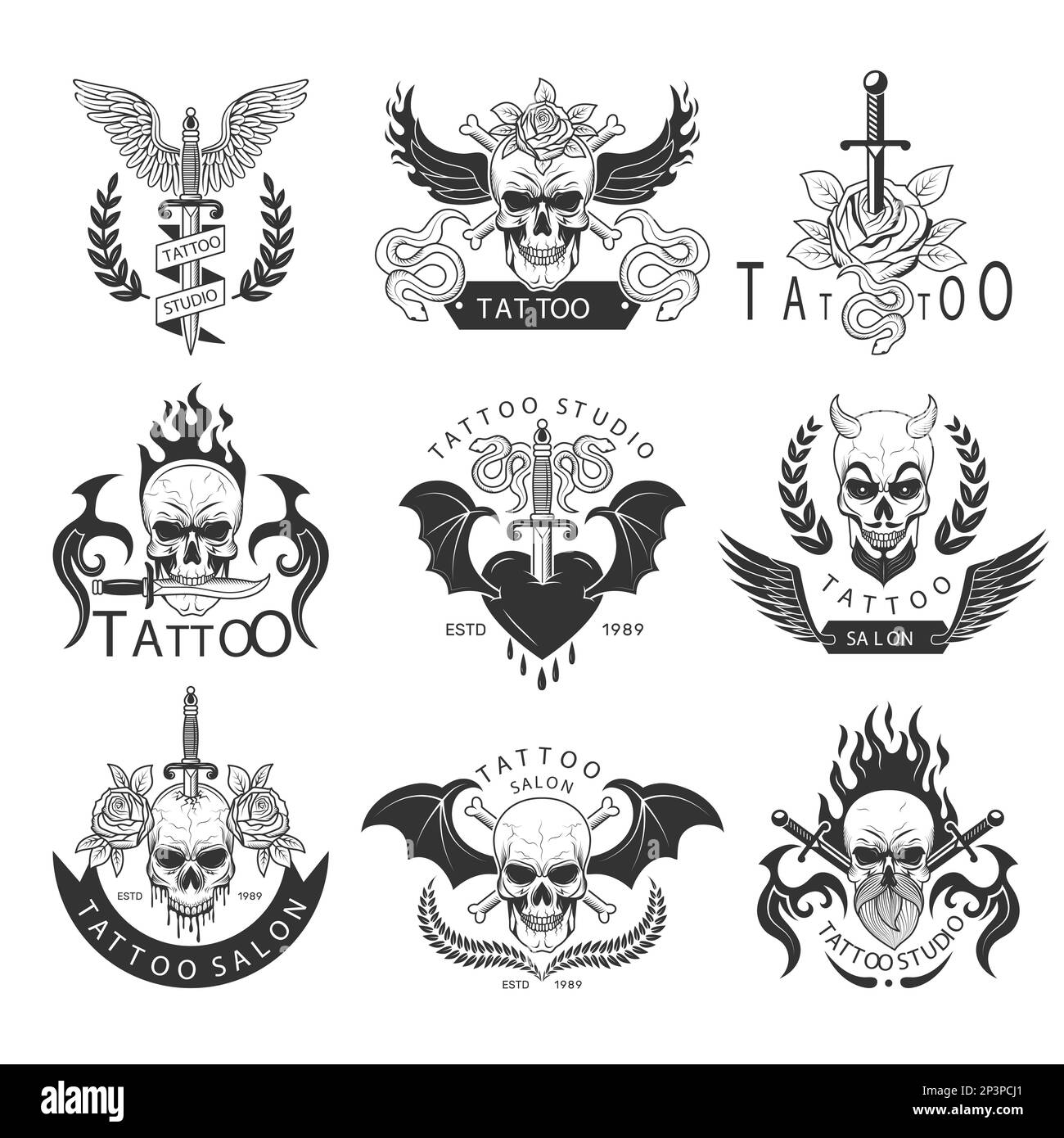 Tätowierungsetiketten. Abzeichen für menschliche Haut Neue vektormodische Vorlagen für kreative Etiketten Stock Vektor