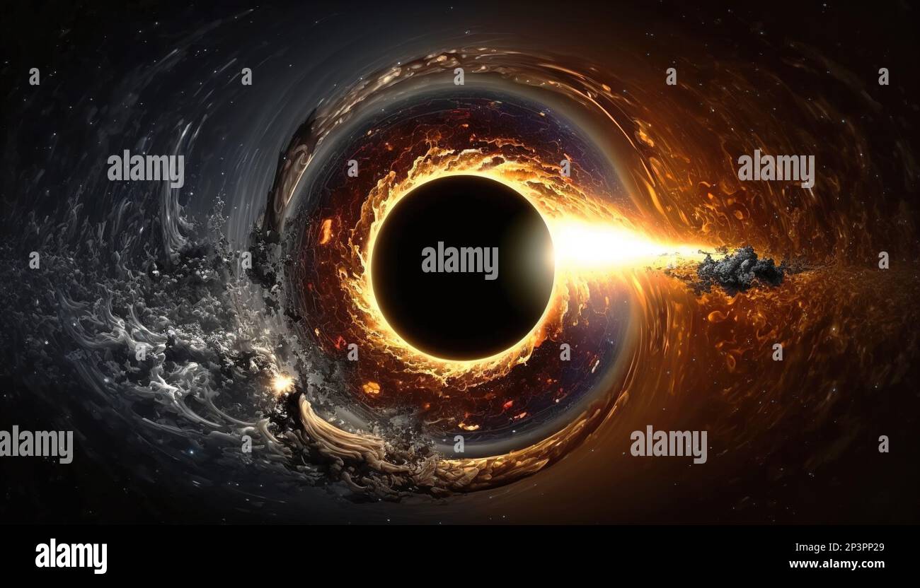 Schwarzes Loch im Universum, Wurmloch und Galaxie im Weltraum, generative KI. Das große schwarze Loch zieht Gaswolken und Sternenstaub im tiefen Kosmos an. Konzept von Stockfoto