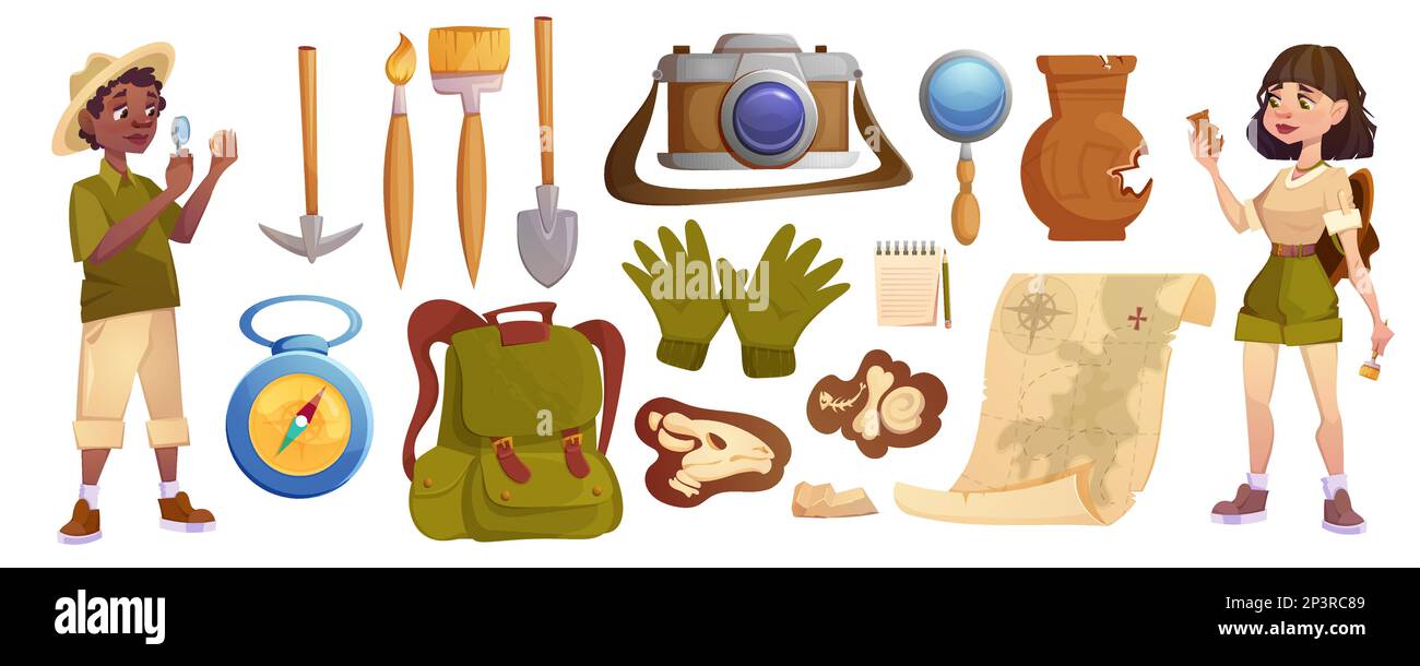 Archäologen untersuchen Artefakte mit Ausgrabungswerkzeugen. Cartoon-Paläontologie-Wissenschaftler, die Dinosaurier-Fossilienskelette Knochen und antike Vase studieren. Figuren, die archäologische Elemente durchsuchen. Stock Vektor