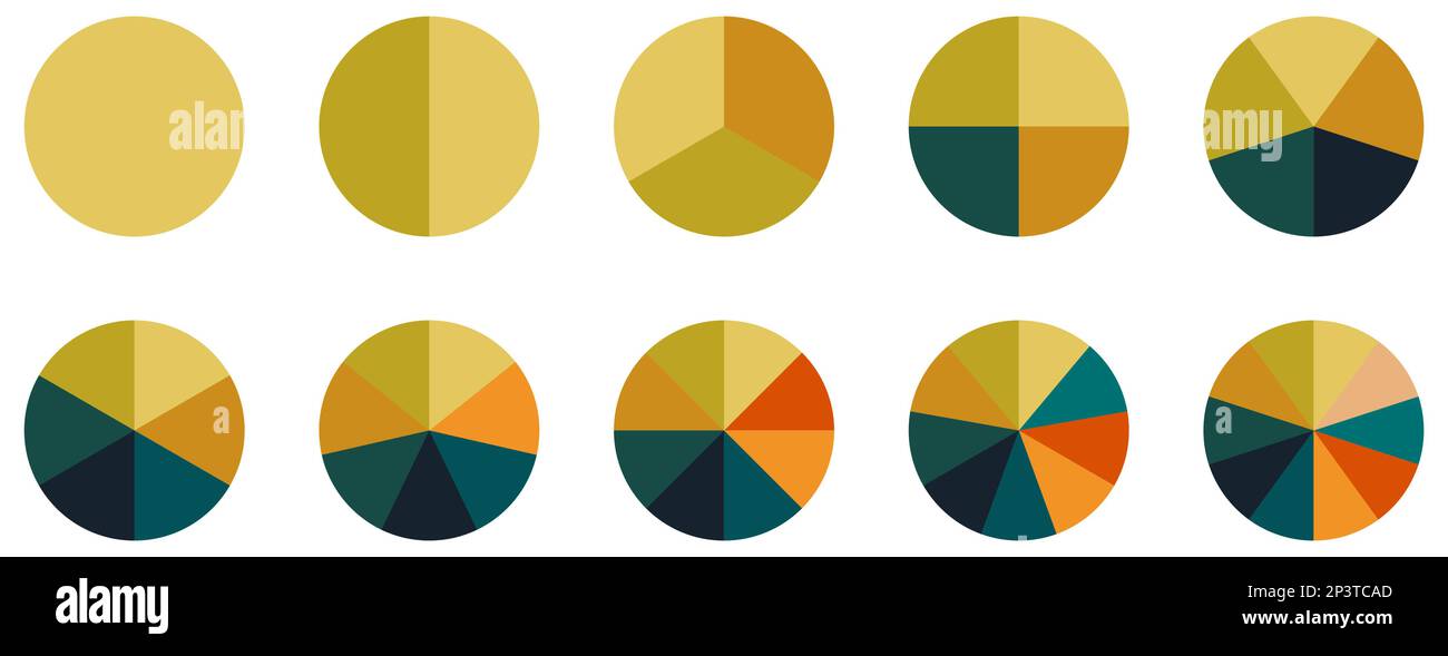 Kreisdiagramm festgelegt. Farbenfrohes Diagramm mit 10 Abschnitten. Vektordarstellung isoliert auf weißem Hintergrund Stock Vektor