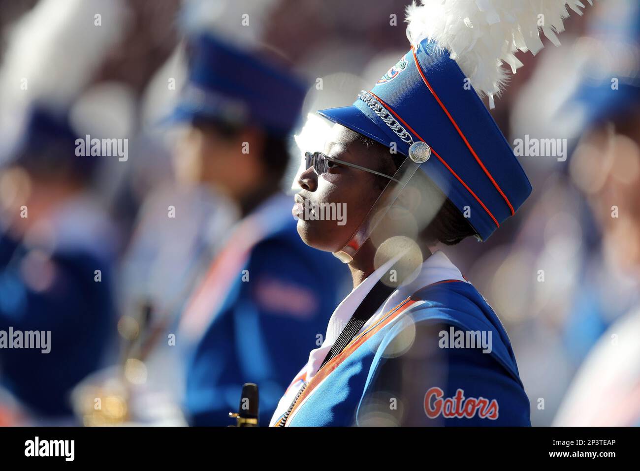 A member of the Florida Gator band performs during an NCAA football game between the Florida Gators and the Florida State Seminoles at Doak Campbell Stadium on Bobby Bowden Field, on November 29, 2014 in Tallahassee, Florida. (AP Photo/Alex Menendez) Stockfoto