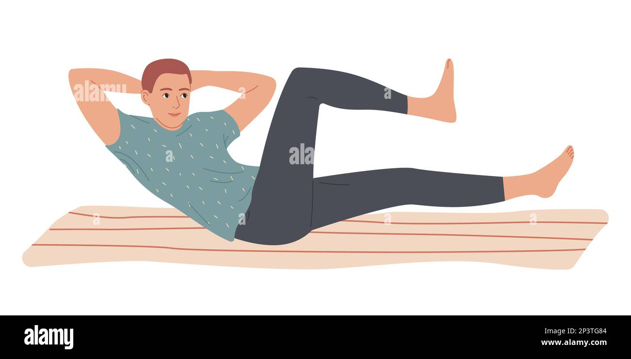 Ein Mann, der zu Hause situps-bauchmuskeln macht Stock Vektor