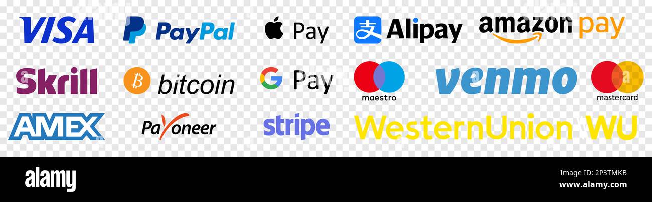 Symbolgruppe für Zahlungen. Payoneer, PayPal, Mastercard, Visa, Apple Pay, Google Pay. Vektordarstellung auf transparentem Hintergrund isoliert Stock Vektor