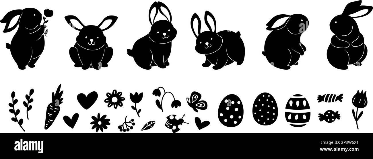 Schwarzes Häschen, Silhouetten mit Federelementen. Häschen, Blumen, Eier. Ostern isolierte Symbole. Flache Kaninchen-Sammlung, Vektortiere und Blumengrafiken Stock Vektor