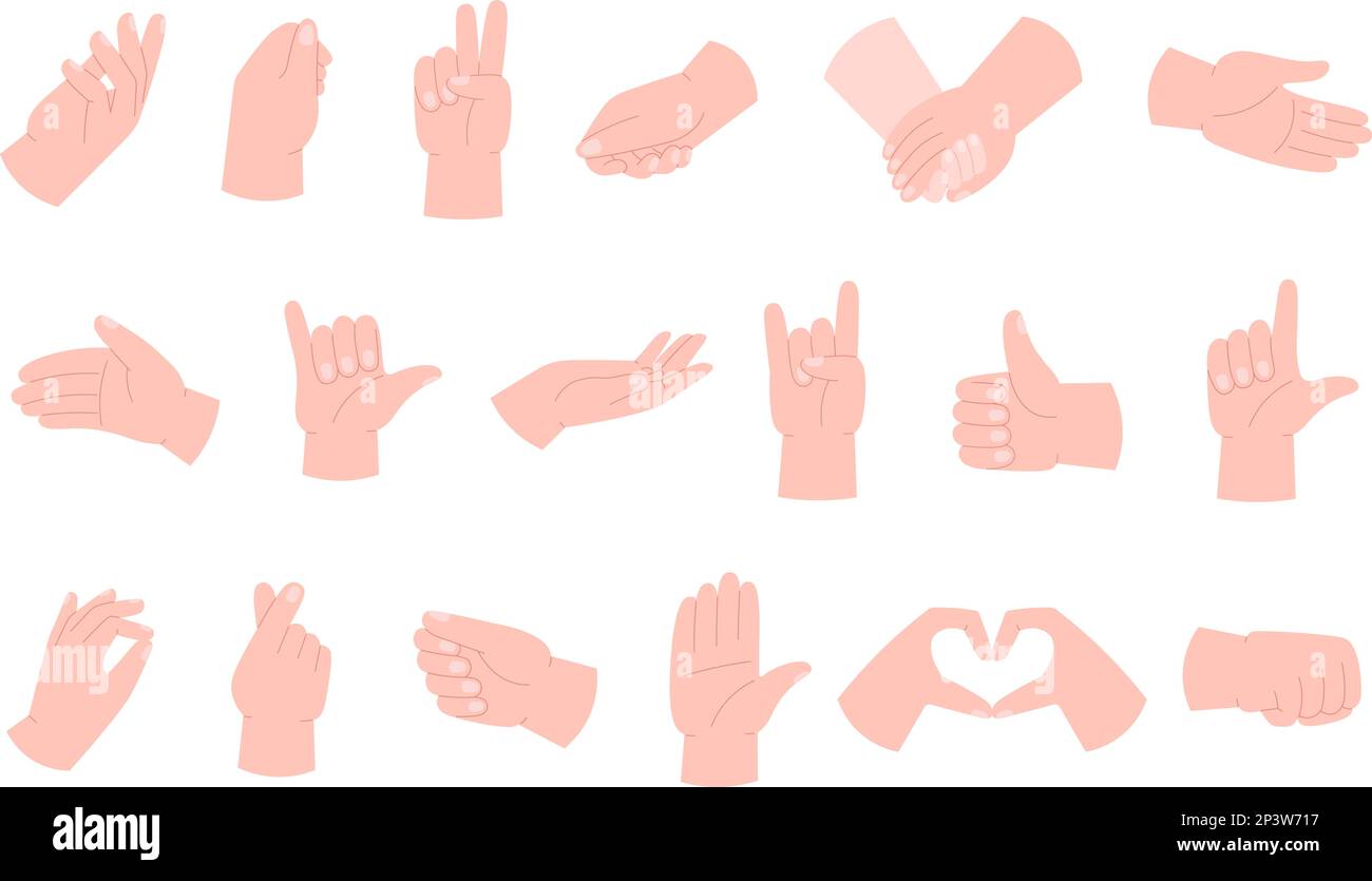 Verschiedene Handpositionen zeigen die Richtung, Handberührung, Händeschütteln. Finger und Gesten, drücken und zählen. Perfekt verschiedene menschliche Handflächen Raterie-Vektor Stock Vektor