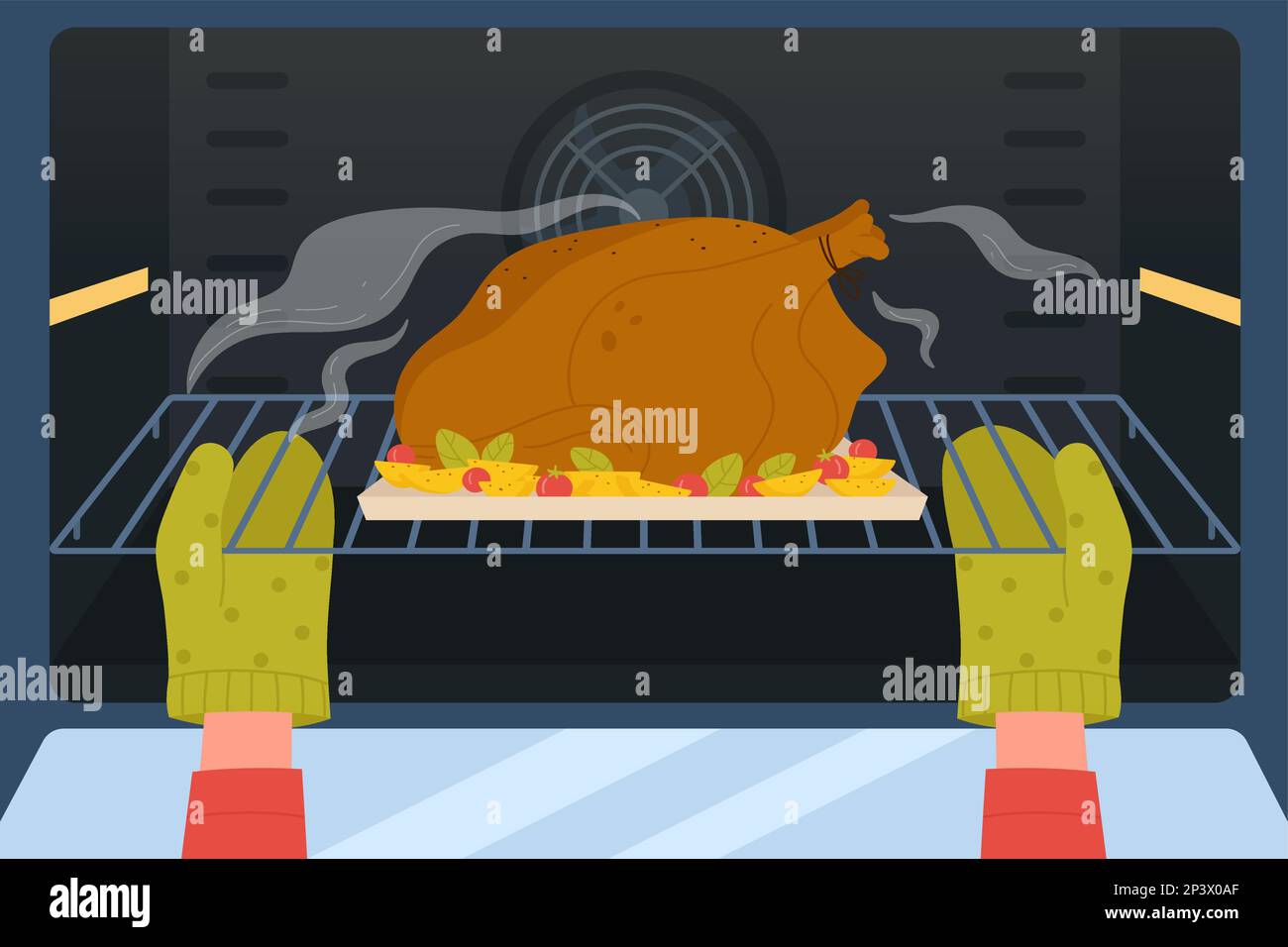 Der Zeichentrickkoch kocht Speisen für Thanksgiving-Abendessen im Hintergrund. Hände in Schutzhandschuhen, in denen die Schüssel mit truthahn und Kartoffeln zum Rösten gehalten wird, Vorderansicht der offenen Tür des Vektors des Elektroofens. Stock Vektor