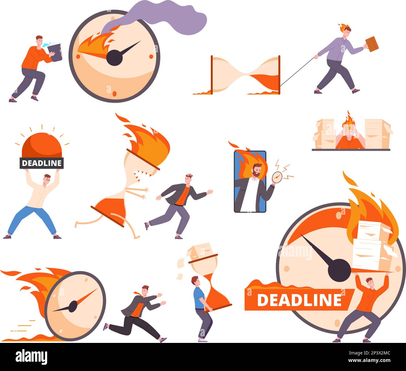 Workload-Deadline. Überwältigte Mitarbeiter, die brennende Arbeit beenden, übereilte Manager harte Arbeit Bürostress Burnout deprimiert müde Mitarbeiter Zeitdruck, Vektordarstellung der Mitarbeitertermine Stock Vektor
