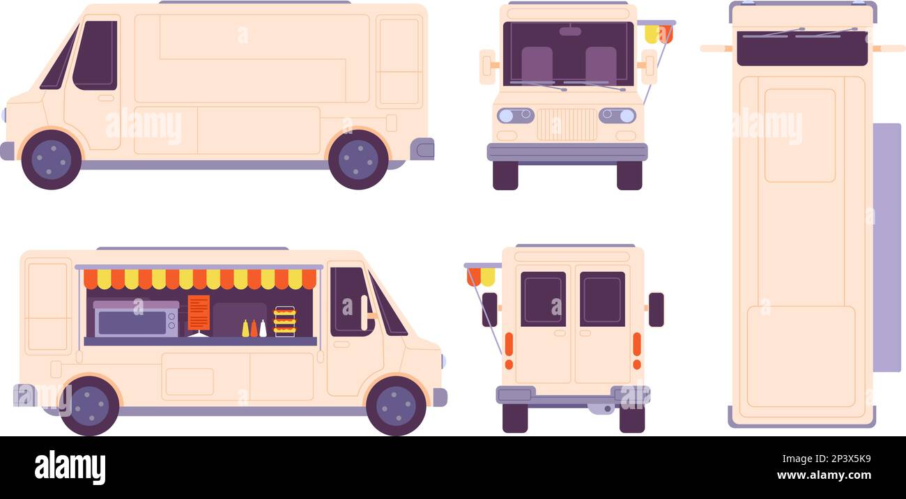Food-Truck-Modell. Food Truck Design Seitenprofil Vorderansicht Rückansicht, Liefer- oder Catering-Auto Minibus Vorlage, Van Bus Overhead mobile Küche Modell herrliche Vektordarstellung Food Truck Vorlage Stock Vektor