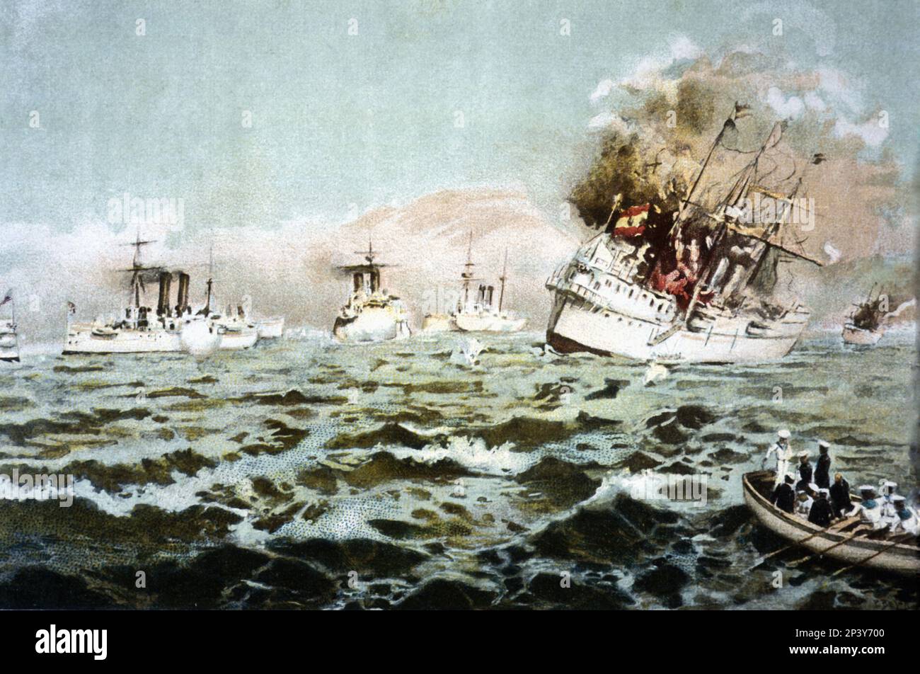 Spanischer Amerikanischer Krieg. Zerstörung der spanischen Einheit im Marineschlacht von Cavite (Philippinen) am 1. 5. 1898. Stockfoto