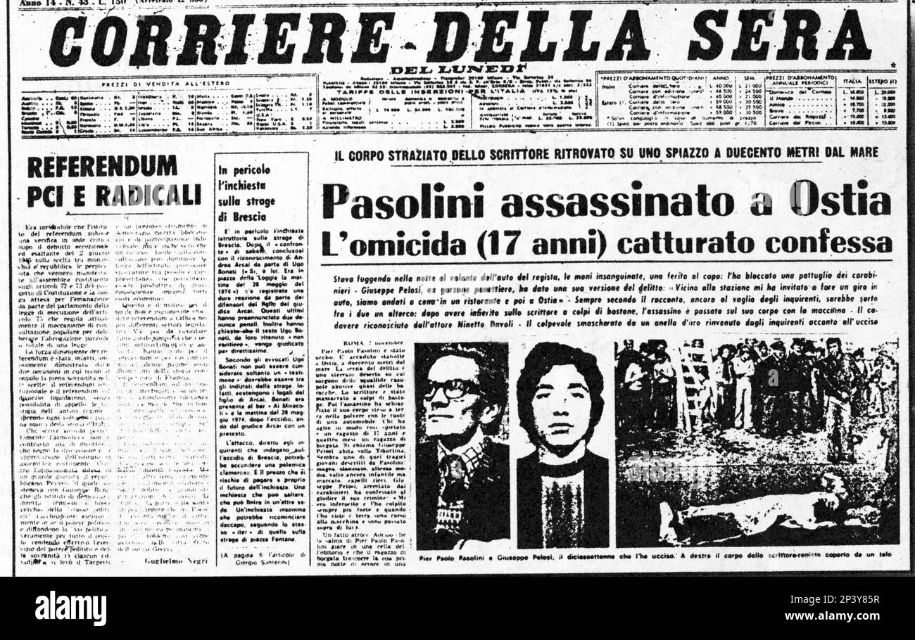 1975 , ITALIEN : das Titelblatt der Zeitung IL CORRIERE DELLA SERA , 3 . november , mit der Schlagzeile der Ermordung des gefeierten italienischen Regisseurs , Schriftstellers und Dichters PIER PAOLO PASOLINI ( Bologna 1922 - Roma 1 . november 1975 ) von Pino Pelosi alias La Rana ( Der Frosch ) - REGISTA - POETA - POESIA - POESIE - POESIE - SCRITTORE - DRAMMATURGO - LETTERATURA - LETTERATO - LITERATUR - Copertina di giornale quotidiano - omicidio --- Archivio GBB Stockfoto