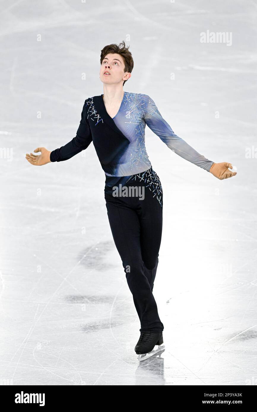 Aleksa RAKIC (CAN), während der Junior Men Free Skating, der ISU World Junior Figure Skating Championships 2023, in der WinSport Arena, am 4. März 2023 in Calgary, Kanada. (Foto: Raniero Corbelletti/AFLO) Stockfoto