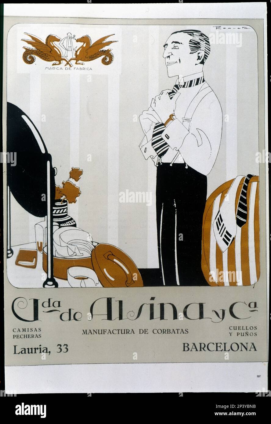 Vda Für Hauswerbung. De Alsina y Cia de Barcelona, Herstellung von Krawatten, Hemden, Kragen und Manschetten, gegründet 1870, 1921. Stockfoto