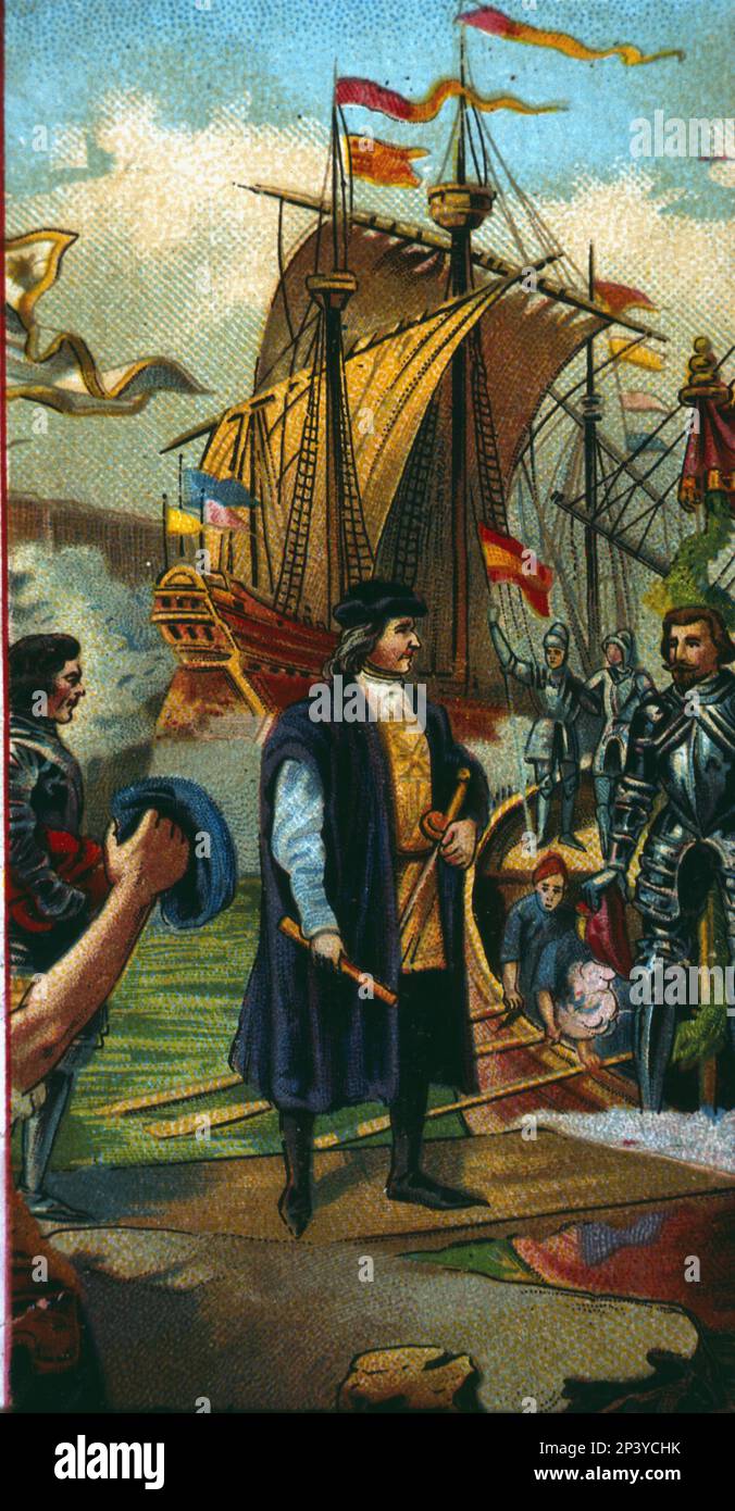 Rückkehr von Columbus am 15. März 1493 an Bord der La Ni&#XF1;A Karavel zum Hafen von Palos. Stockfoto