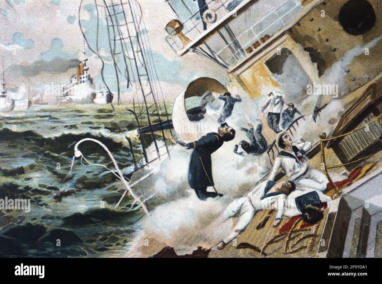 Kubanischer Krieg. Verlust der spanischen Staffel unter dem Kommando von Admiral Cervera in den Gewässern von Santiago de Cuba am 13-7-1898. Stockfoto