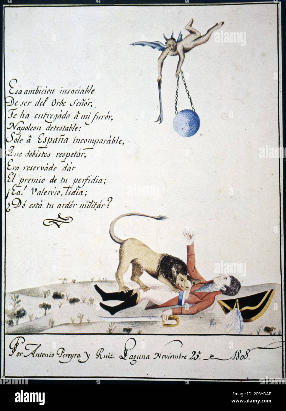 Patriotische Zeichnung mit Allegorien gegen Napoleon. Hergestellt 1808 auf den Kanarischen Inseln. Stockfoto