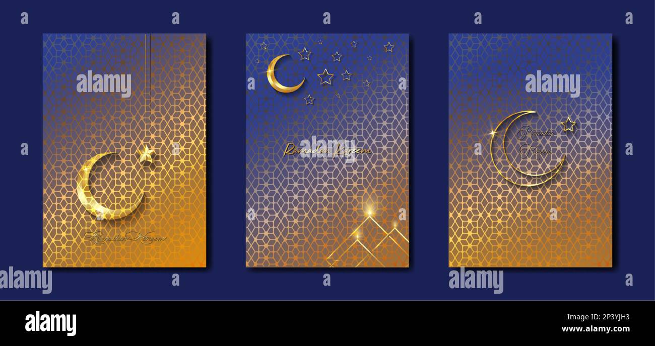 Ramadan Kareem 2023 Vektorset Grußkarte. Goldener Halbmond auf blauem Hintergrund. Goldenes Weihnachtsposter mit Text, islamisches Symbol. Konzept Muslimisch Stock Vektor