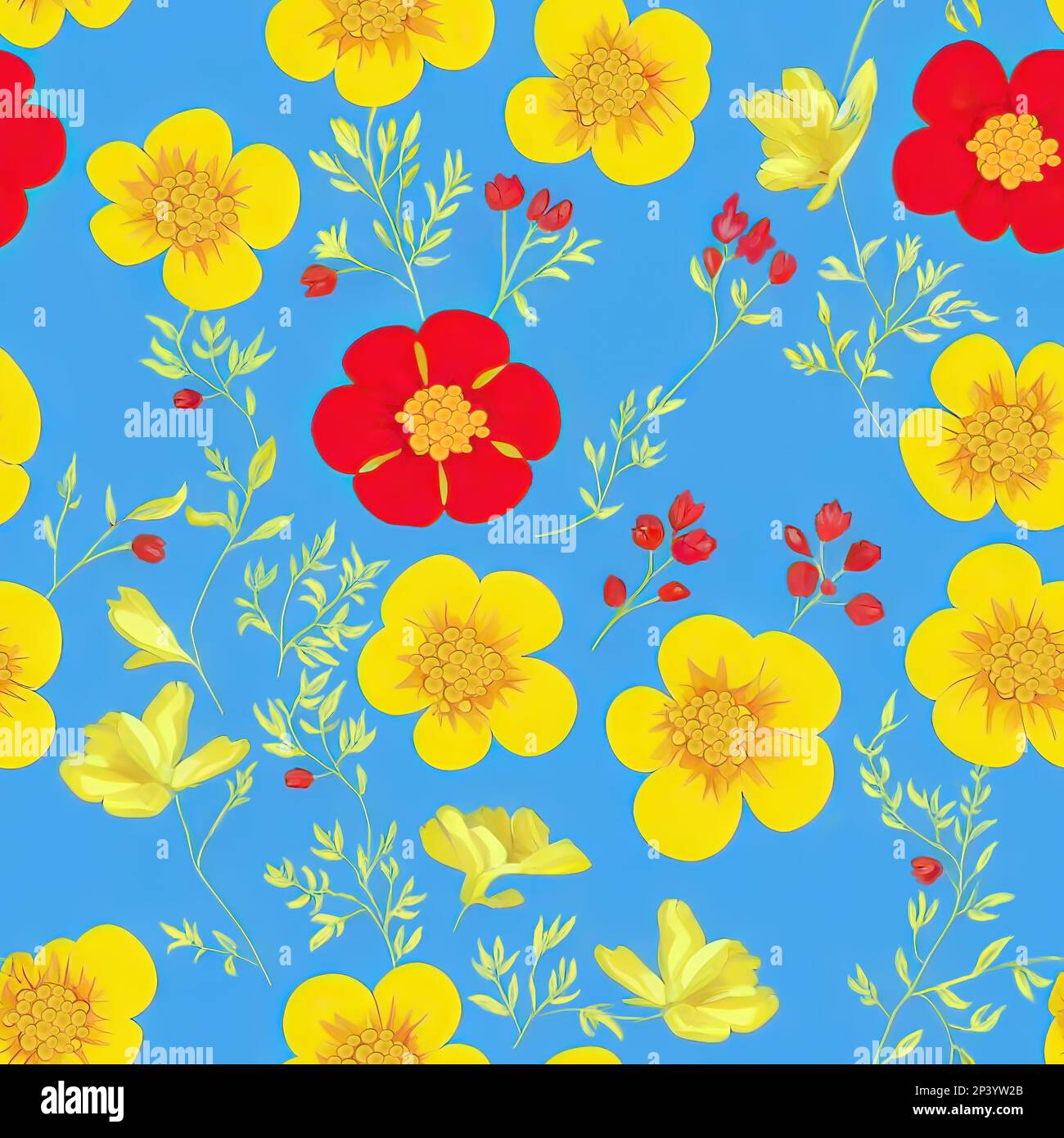 Darstellung eines nahtlosen roten und gelben Blumenmusters mit blauem Hintergrund Stockfoto