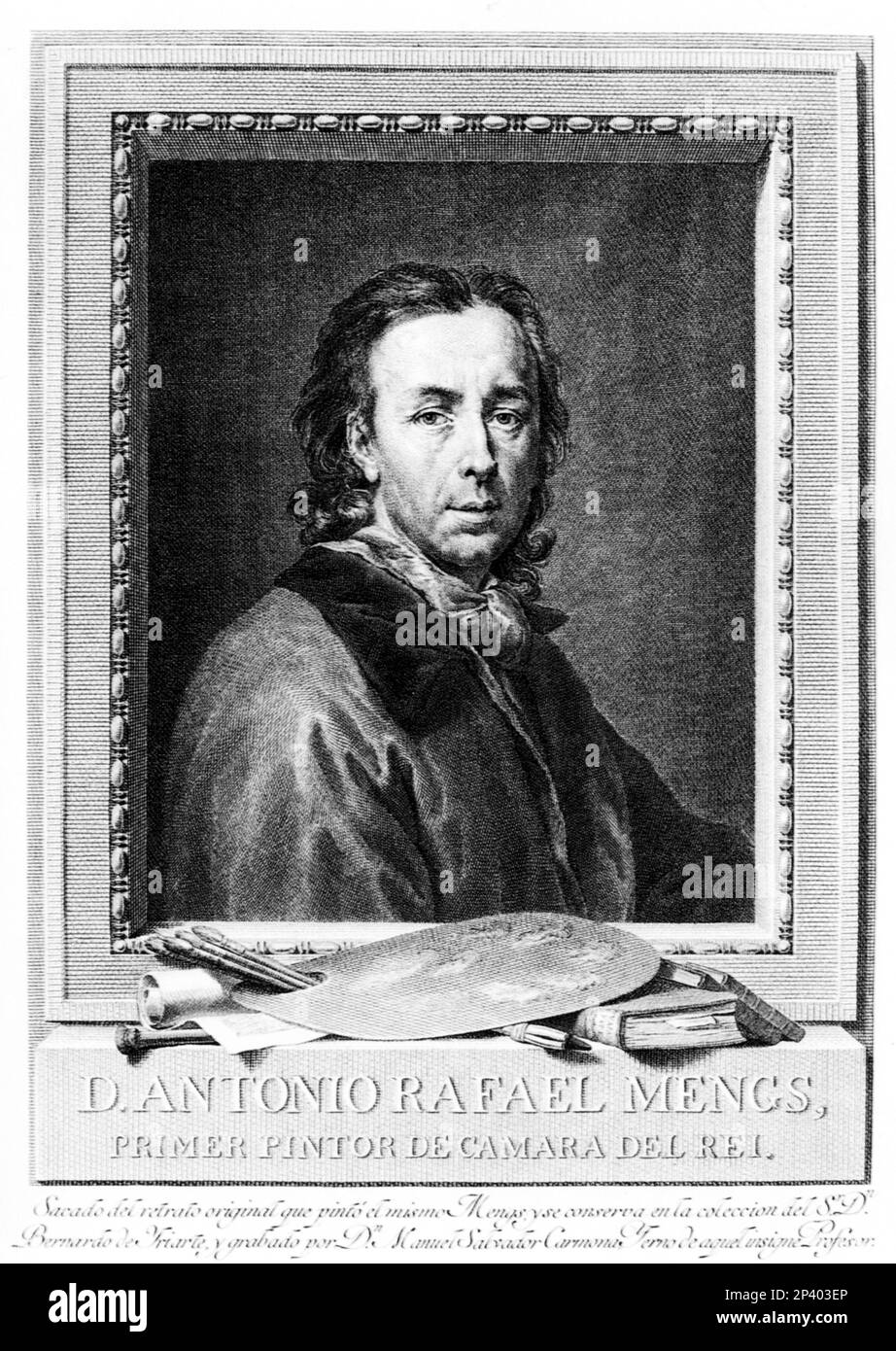 Portrait des deutschen Malers Anton Raphael MENGS ( Aussig , Deutschland 1728 - Roma , Italien 1779 ) , von Manuel Salvador Carmona ( 1734 - 1820 ) Von einem Selbstporträt - ARTE - ARTI VISIVE - visula Arts - NEOCLASSICO - NEOCLASSICISMO - PITTORE - NEOKLASSIZISMUS - NEOKLASSIZISTISCHER STIL - Rituto - autoritratto - Incisione --- Archivio GBB Stockfoto