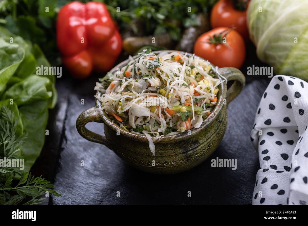 Salate aus frischem Gemüse der Saison. Vegetarische Ernährung. Gesundes Gemüse Stockfoto