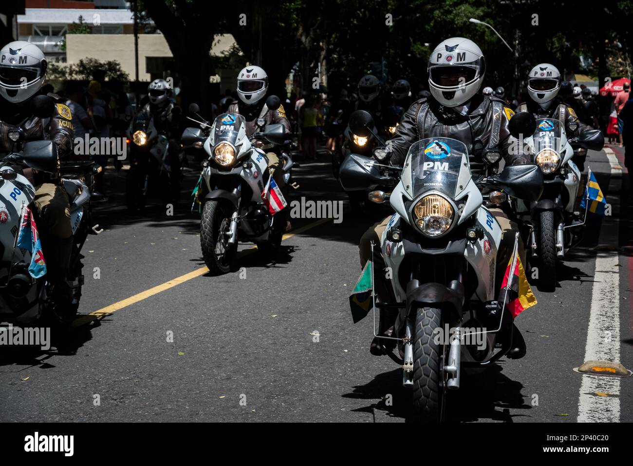 Salvador, Bahia, Brasilien - 07. September 2016: Militärische Motorradfahrer der Militärpolizei werden während der Parade zum brasilianischen Unabhängigkeitstag gesehen Stockfoto