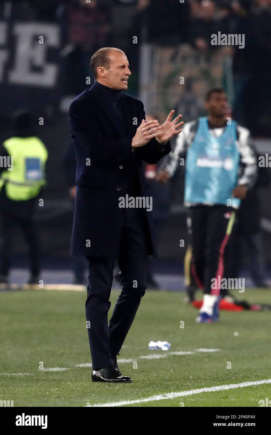 Rom, Italien. 05. März 2023. Massimiliano Allegri, Cheftrainer von Juventus, Gesten während des Fußballspiels der Serie A zwischen Roma und Juventus im Olympiastadion in Rom, Rom, Italien, am 05. März 2023. Kredit: Riccardo De Luca - Update Images/Alamy Live News Stockfoto