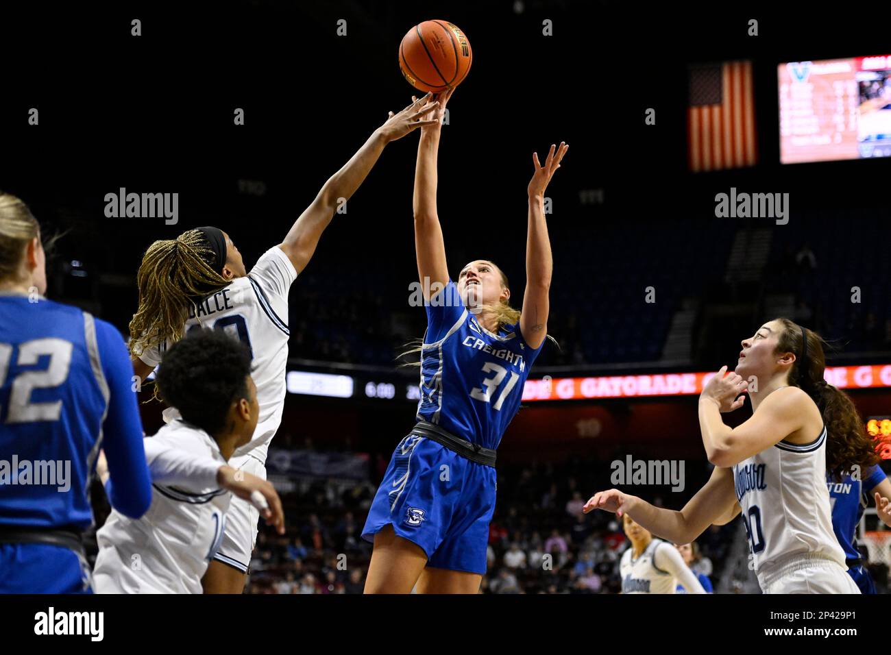 Creighton's Emma Ronsiek (31) shoots over Villanova's Christina Dalce