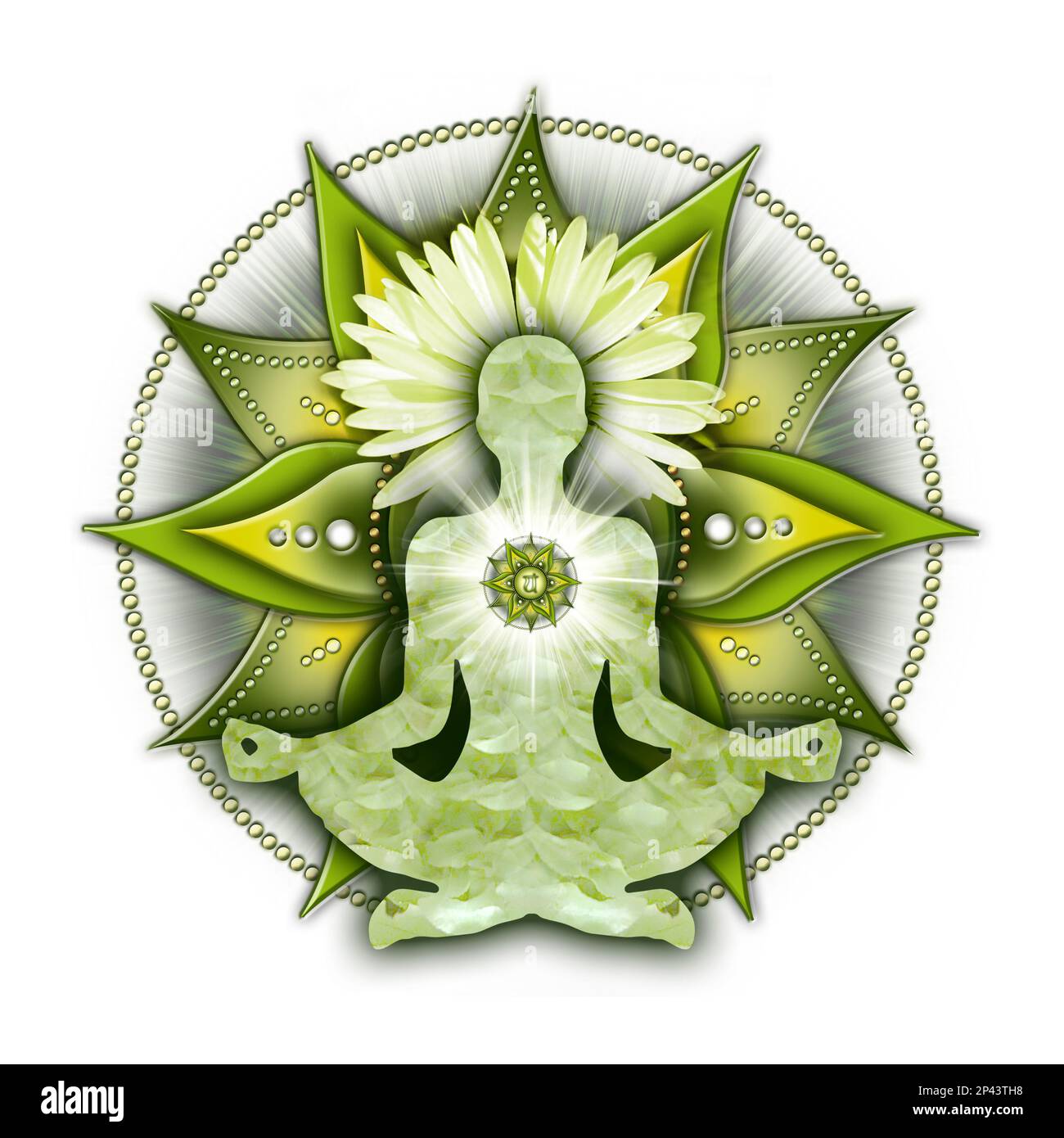 Herz-Chakra-Meditation in Yoga-Lotus-Pose, vor Anahata-Chakra-Symbol. Stockfoto