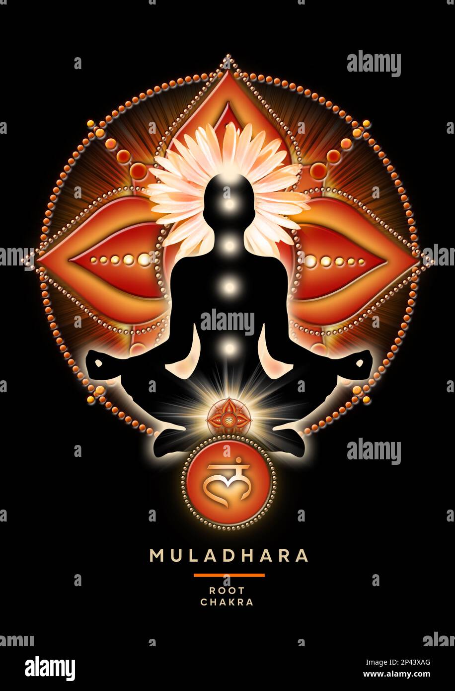 Wurzelchakra-Meditation in Yoga-Lotus-Pose, vor dem Muladhara-Chakra-Symbol. Stockfoto