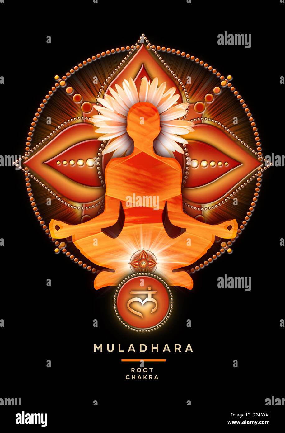 Wurzelchakra-Meditation in Yoga-Lotus-Pose, vor dem Muladhara-Chakra-Symbol. Stockfoto