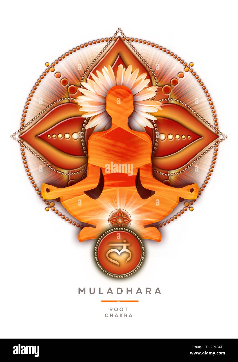 Herz-Chakra-Meditation in Yoga-Lotus-Pose, vor Anahata-Chakra-Symbol. Stockfoto