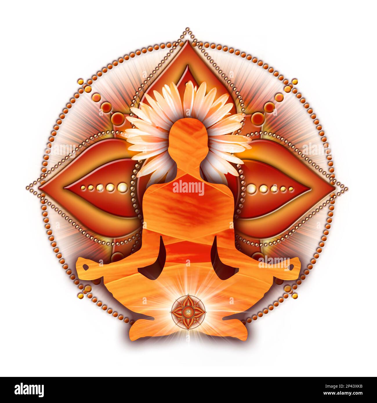 Wurzelchakra-Meditation in Yoga-Lotus-Pose, vor dem Muladhara-Chakra-Symbol. Stockfoto
