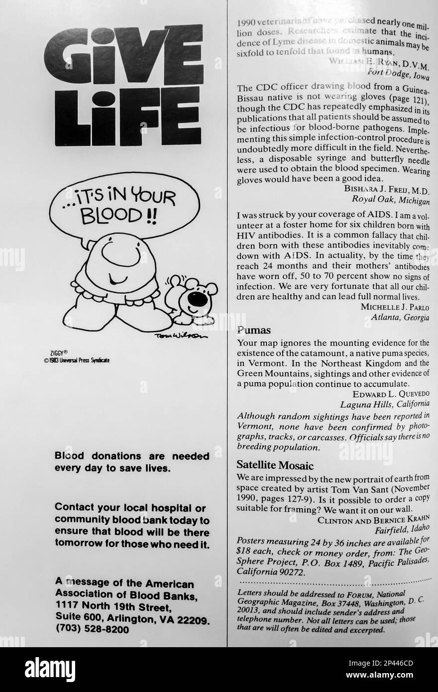 American Association of Blood Donors Advert in einem NatGeo Magazin Mai 1991 Stockfoto