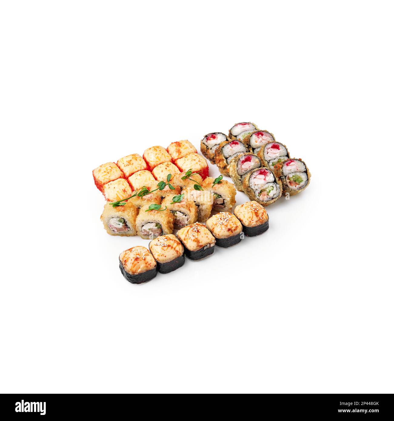 Asiatisch gebackene Sushi-Brötchen auf weißem Hintergrund isoliert Stockfoto