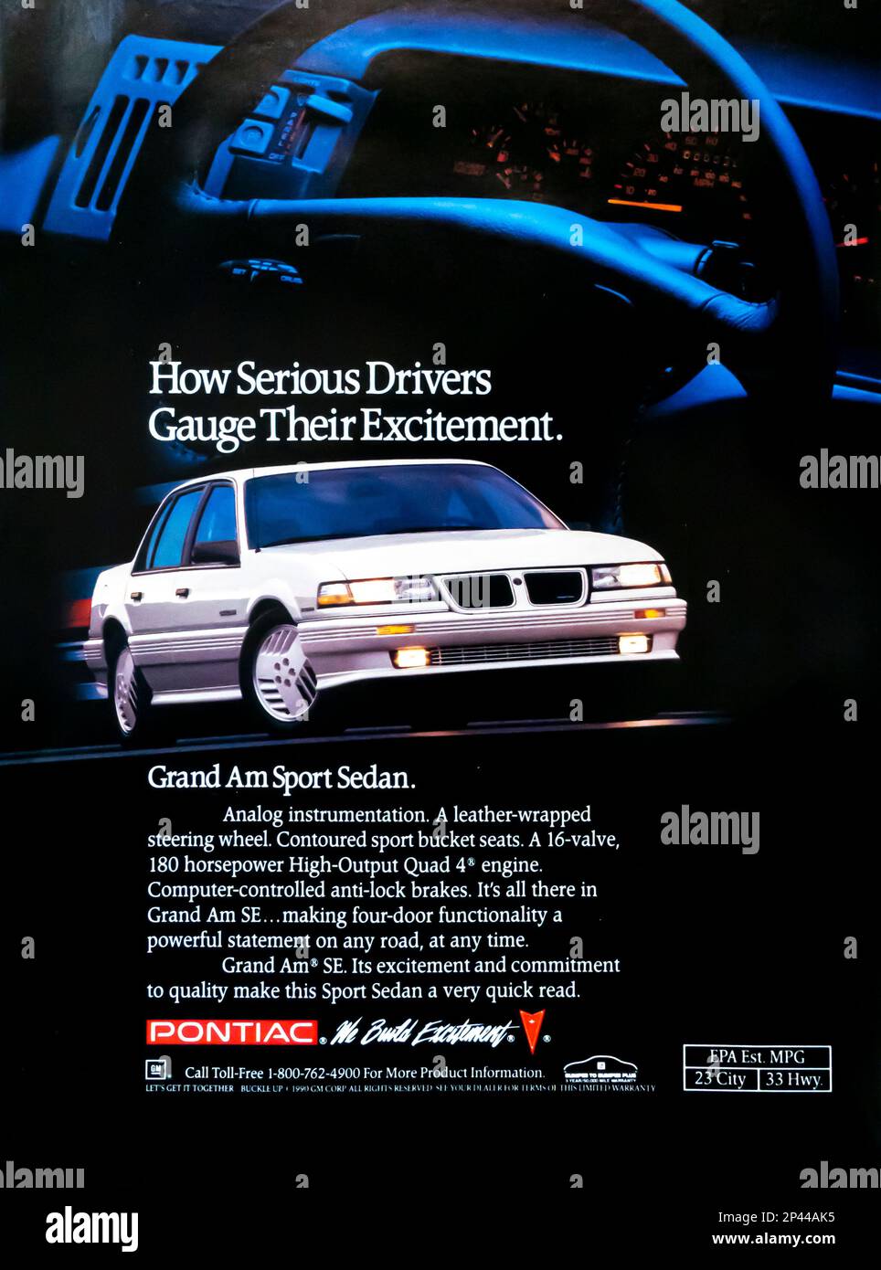 Pontiac Grand am Sport Sedan Werbung in einem NatGeo Magazin April 1991 Stockfoto