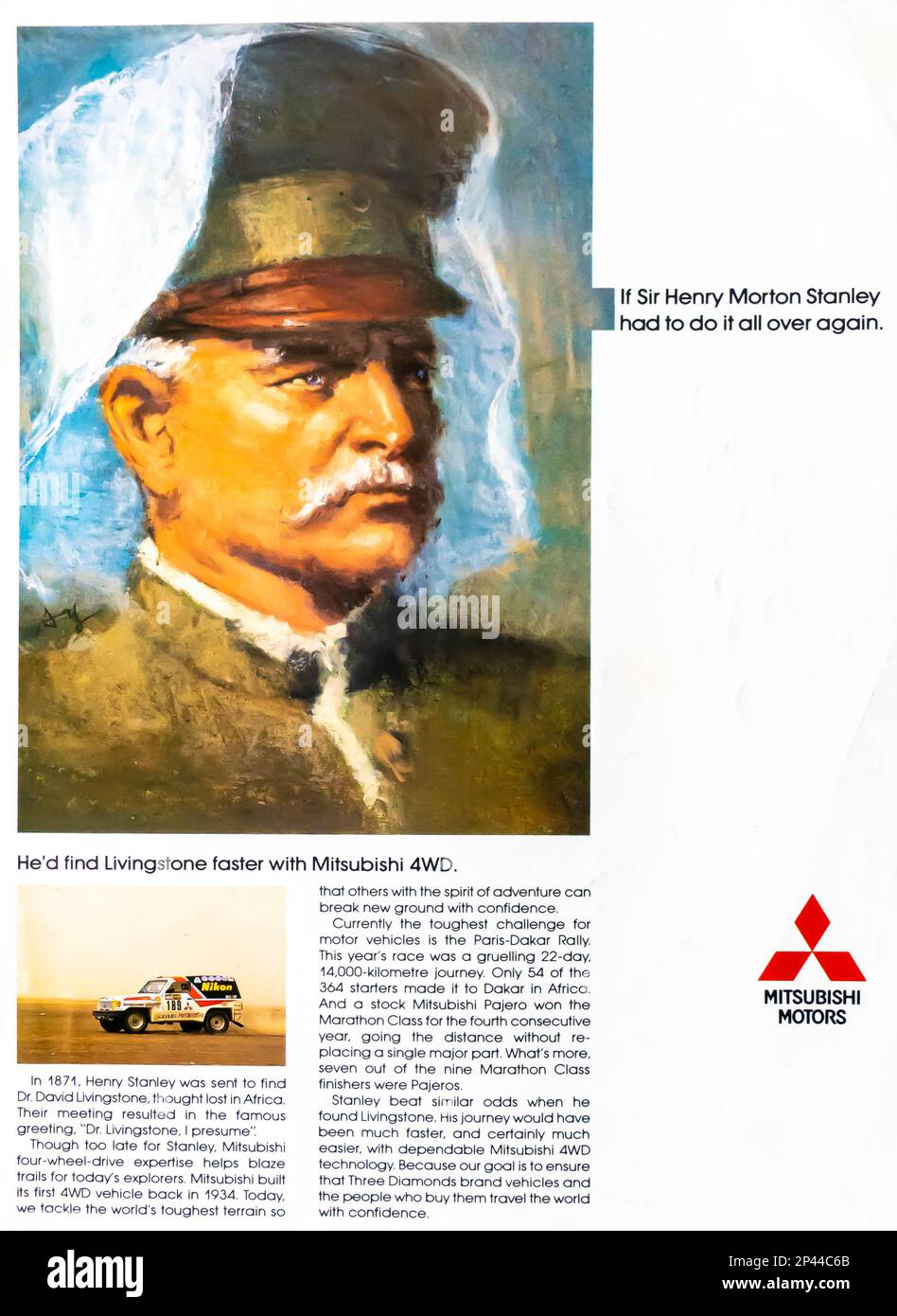 Werbung von Mitsubishi Motors 4WD in einem Magazin von NatGeo Juni 1986 Stockfoto