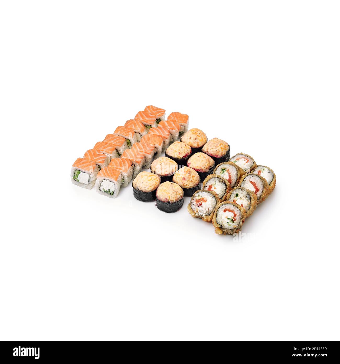 Filakation gebackene Sushi-Brötchen auf weißem Hintergrund isolieren Stockfoto