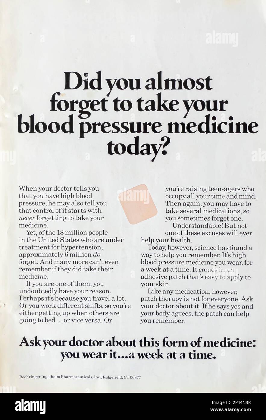 Boehringer Ingelheim Pharmaceutical Company Werbung in einer NatGeo Zeitschrift Februar 1988 Stockfoto