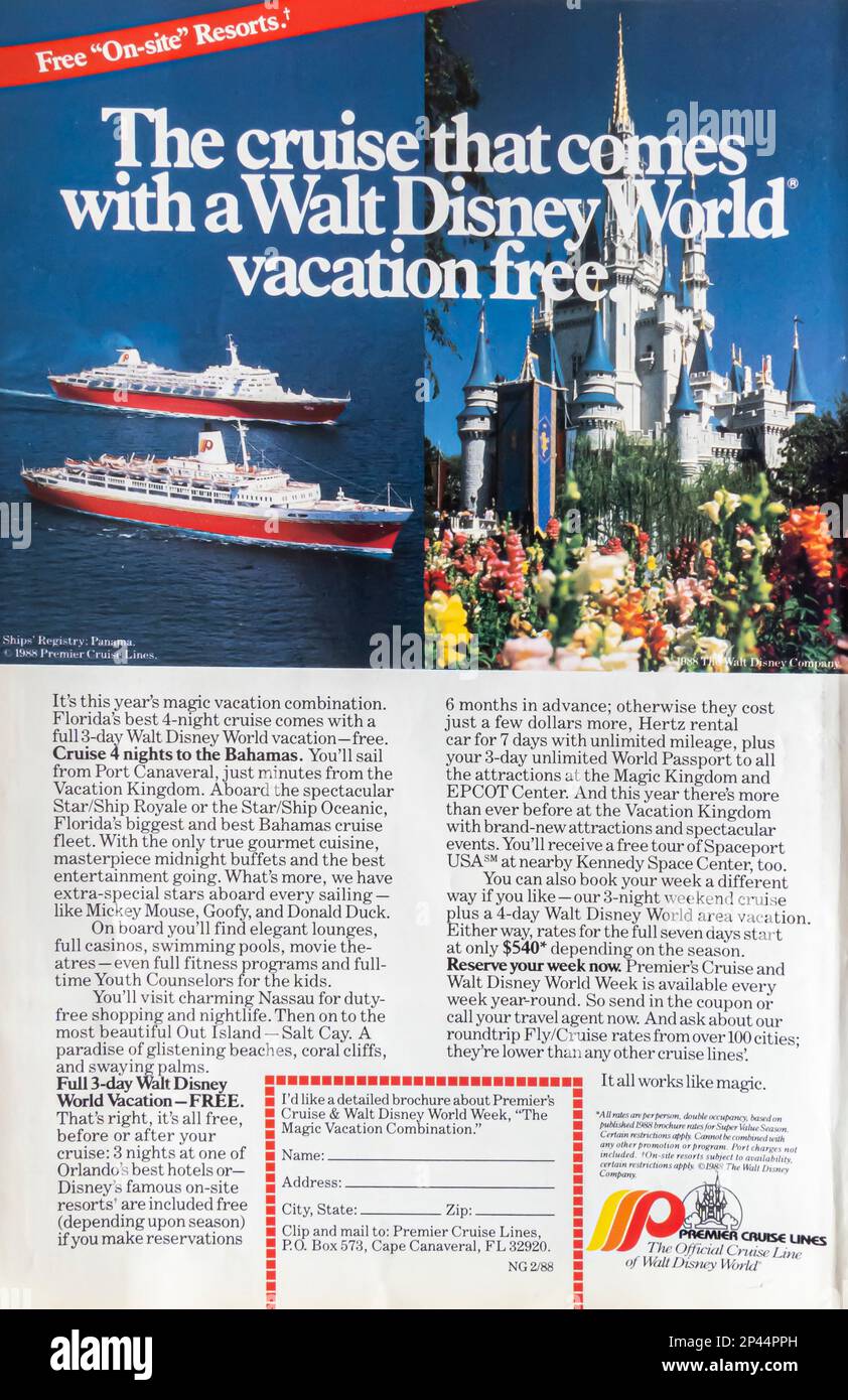 Premiere Cruise Lines - Walt Disney World Werbespot in einem NatGeo Magazin Februar 1988 Stockfoto