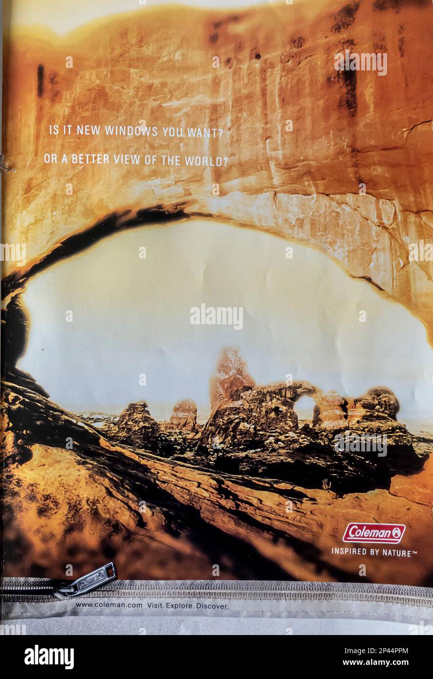 Coleman-Werbespot in einer Zeitschrift NatGeo Mai 2000 Stockfoto