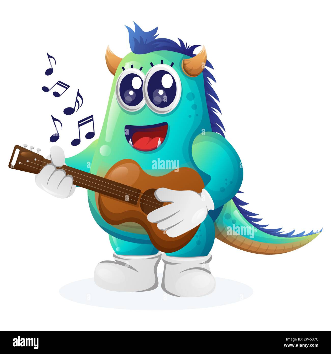 Süßes blaues Monster, das Gitarre spielt. Perfekt für Kinder, kleine Unternehmen oder E-Commerce, Merchandise und Aufkleber, Werbebanner, Blog oder Vlog-Kanal Stock Vektor