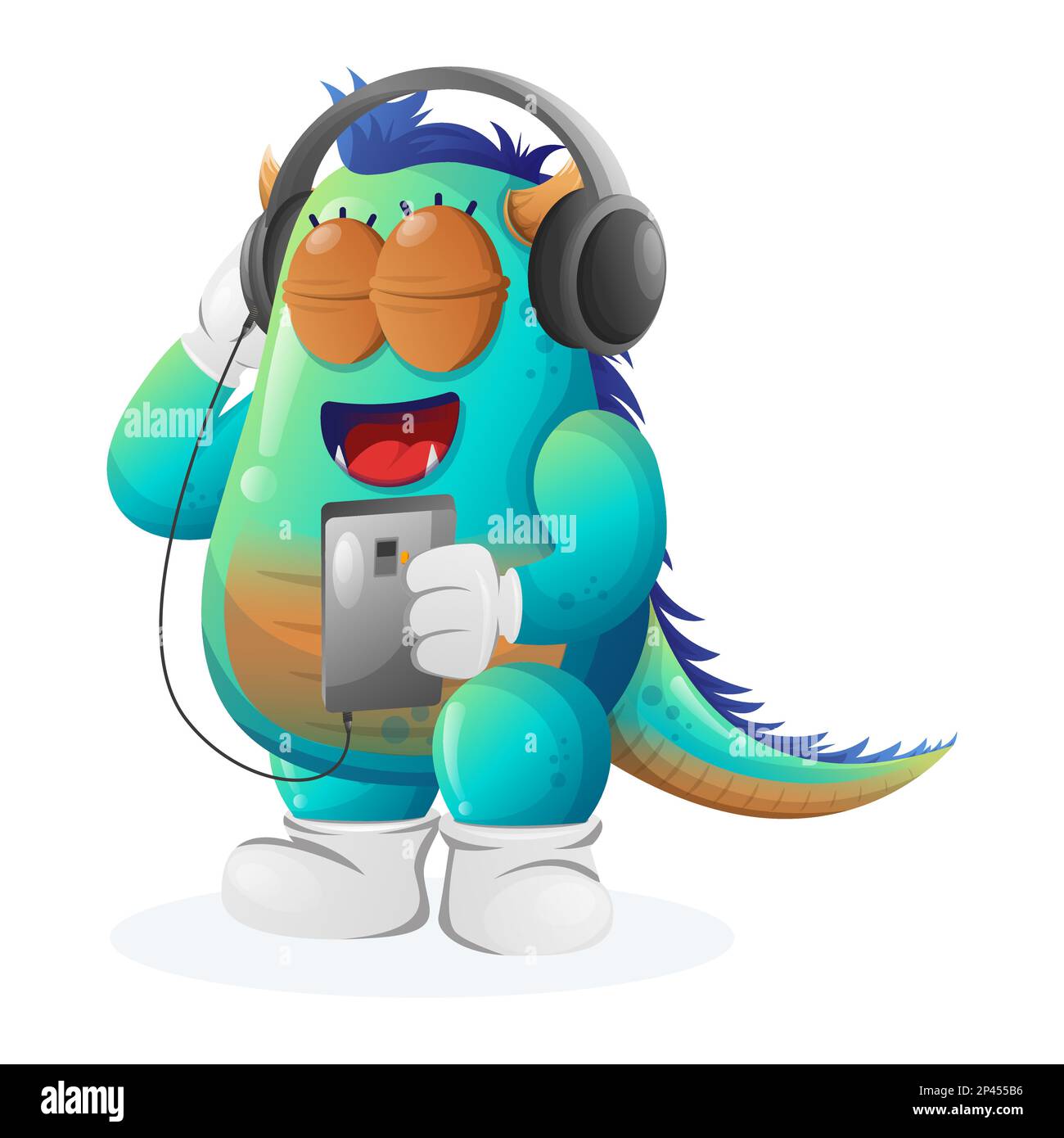 Süßes blaues Monster, das Musik über ein Smartphone mit einem Kopfhörer hört. Perfekt für Kinder, kleine Unternehmen oder E-Commerce, Merchandise und Aufkleber, Banner Stock Vektor