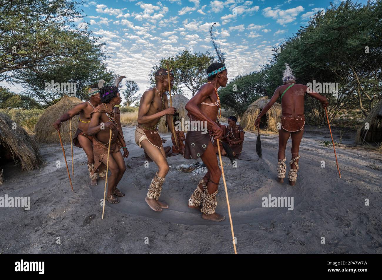 Afrika, Botswana, Kalahari Wüste. Jäger-Sammler!Kung People, Teil des San-Stammes, führen einen abendlichen Trance-Tanz auf, wo der Schamane Heilung vorführt. Stockfoto