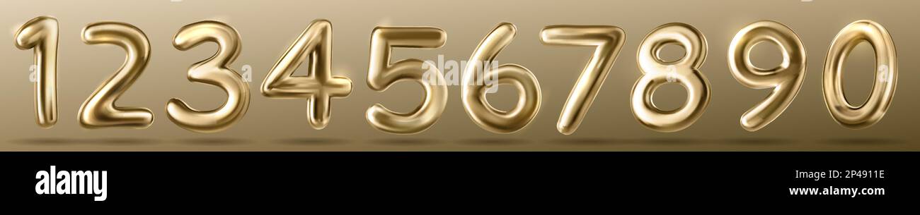 3D goldene Zahlenschriftart. Goldene Ballons für Geburtstagsfeier, Jubiläumsfeier, Neujahrsfeier. Symbole mit glänzenden 3D Ziffern, vektorrealistische Darstellung auf Hintergrund isoliert Stock Vektor