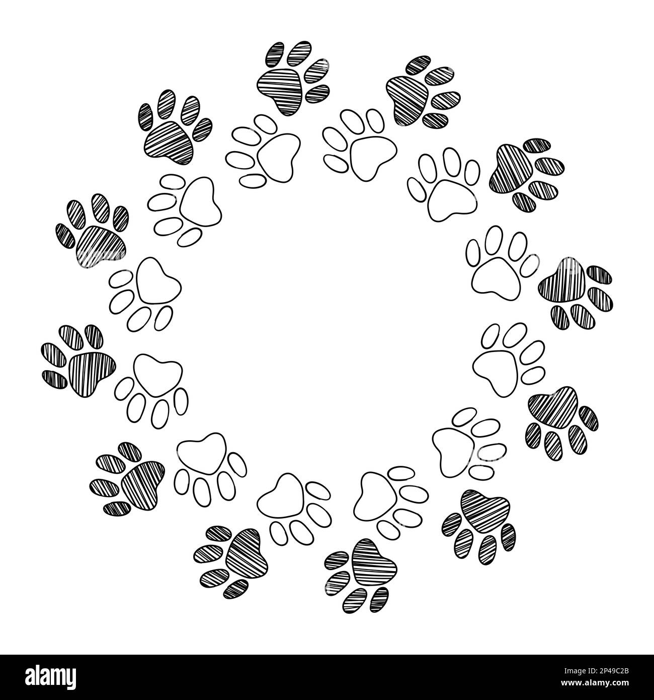 Hund Katze Tier Pfote Fuß Hand gezeichnete Tinte Skizze Rahmen Art Vektor. Stock Vektor