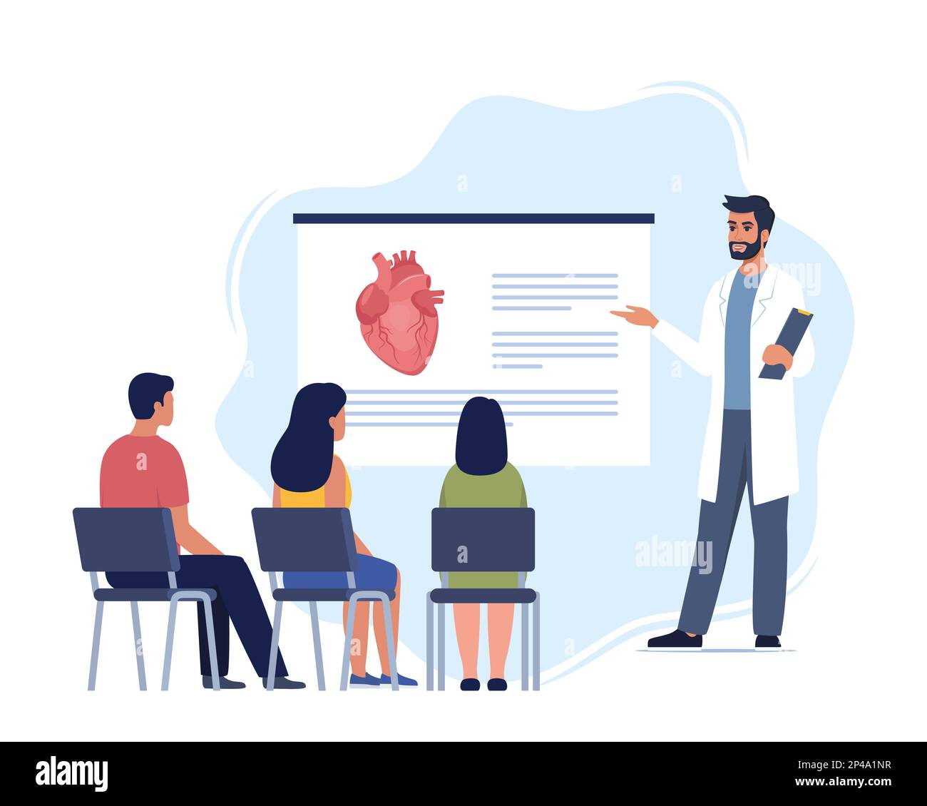 Der Arzt hält den Schülern eine Vorlesung über Anatomie. Arzt präsentiert Infografiken des menschlichen Herzens. Medizinisches Onlineseminar, Vortrag, medizinische Versorgung Stock Vektor