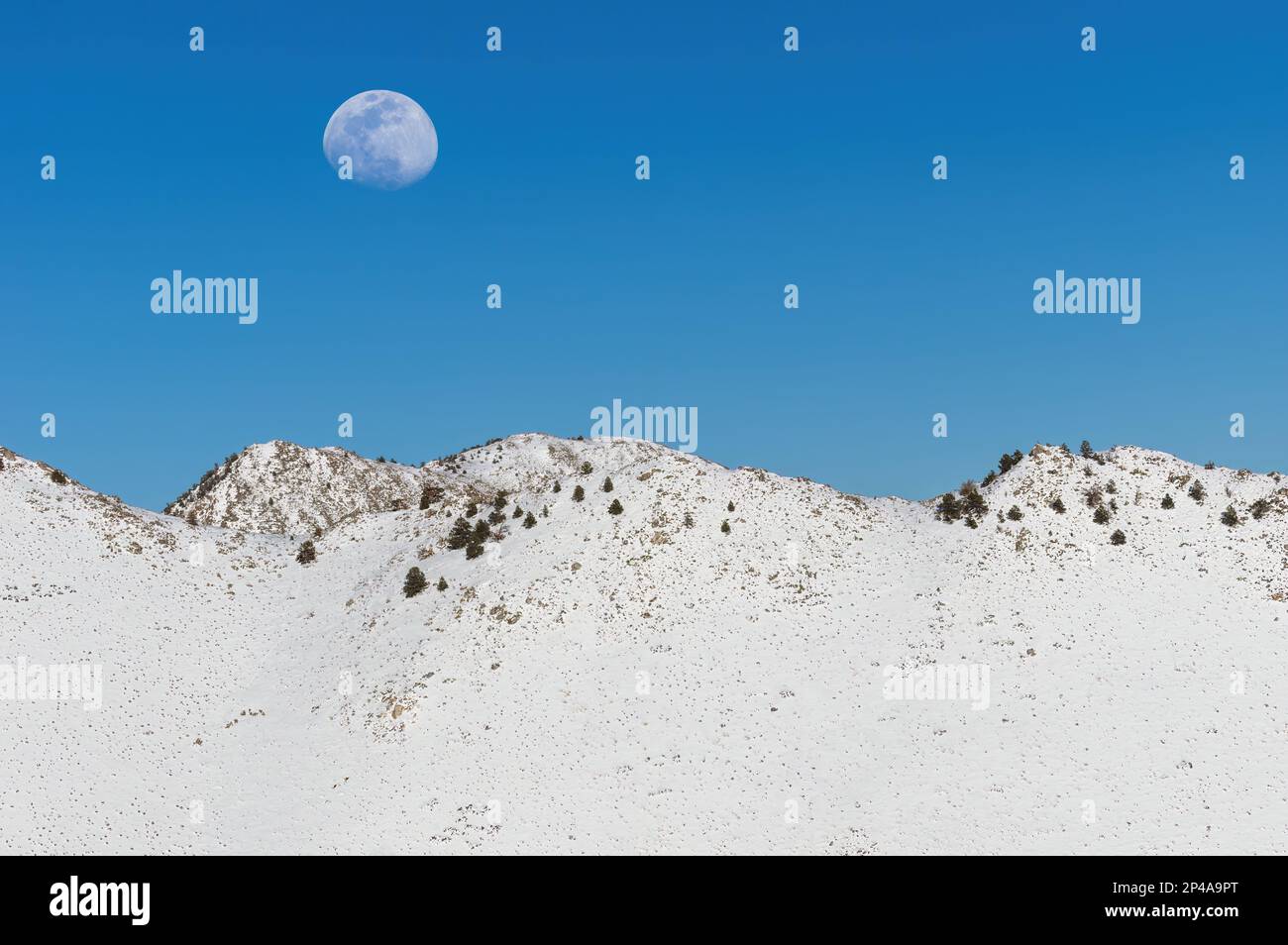 Mondaufgang, wachsende Gibbuus-Phase, über schneebedeckten Bergen im südlichen Teil der Sierra Nevada, Kalifornien. Stockfoto