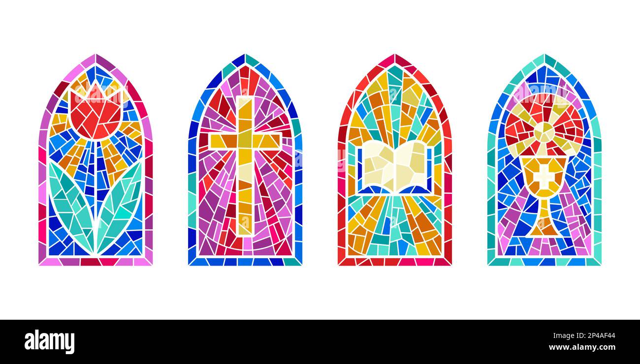 Kirchenfenster. katholische Mosaikrahmen mit Kreuz, Buch und religiösen Symbolen. Vektorset auf weißem Hintergrund isoliert Stock Vektor
