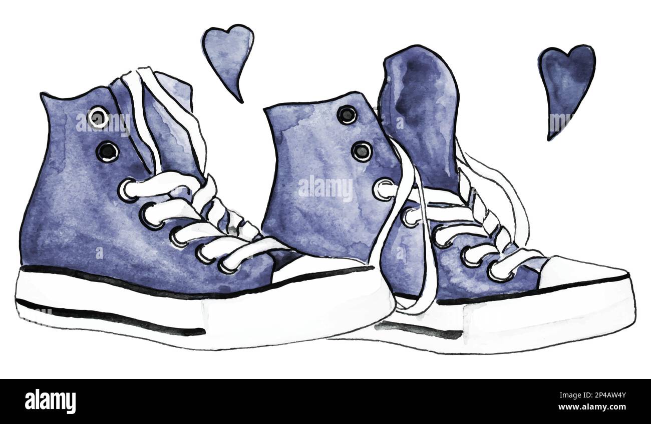 Aquarell Indigo Denim Sneaker Paar Schuhe Herzen lieben isolierten Vektor. Stock Vektor