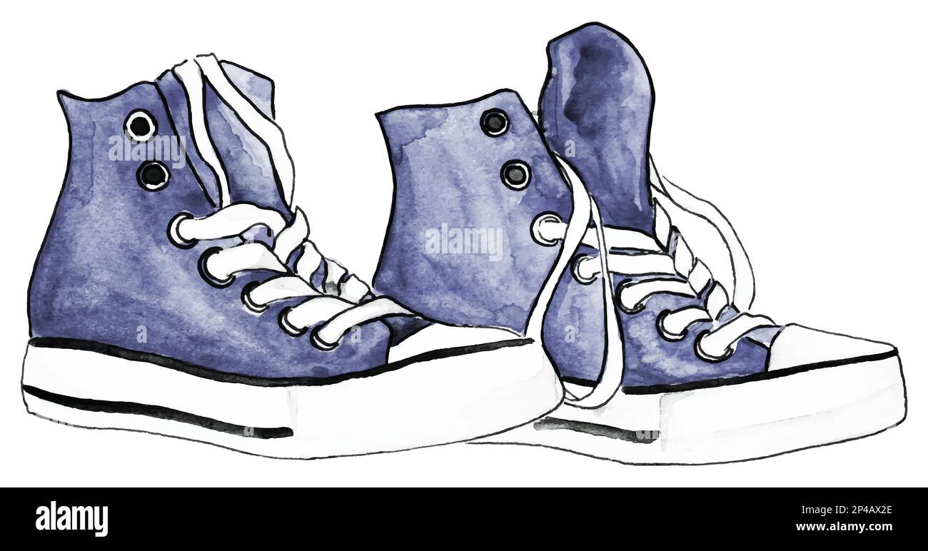 Aquarell Indigo Denim Sneaker sind Paar Schuhe isoliert Vektor. Stock Vektor