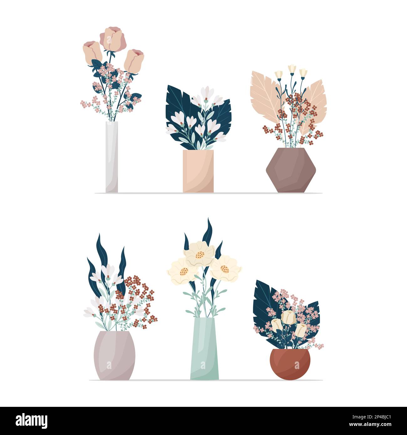 Blumenset in Vasen im Boho-Stil. Zur Zusammensetzung der Blumenvektordarstellung. Sträuße aus Trikottchen, Baumwolle, verschiedene dekorative Blätter und Zweige Stock Vektor